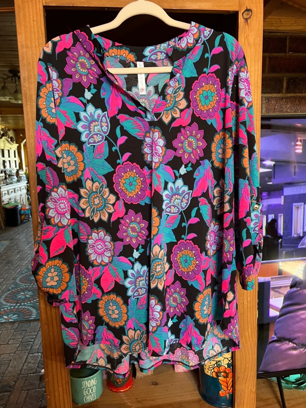 Floral V-Neck Tunic in Black with Pink & Teal Accents